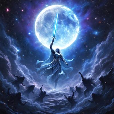 The primary subject of the image is a woman standing on a cloud, holding a sword. She is wearing a long dress and appears to be a warrior. The setting is a night sky with a moon in the background. The visual style is digital art, and the colors and mood are dark and dramatic.